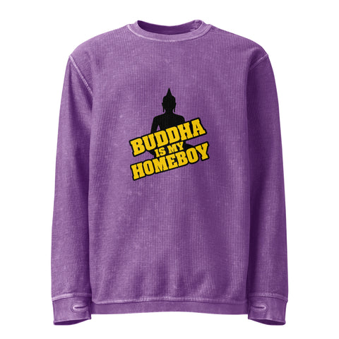 Front of the purple Buddha Is My Homeboy oversized cord sweatshirt with one black Buddha and yellow lettering print.