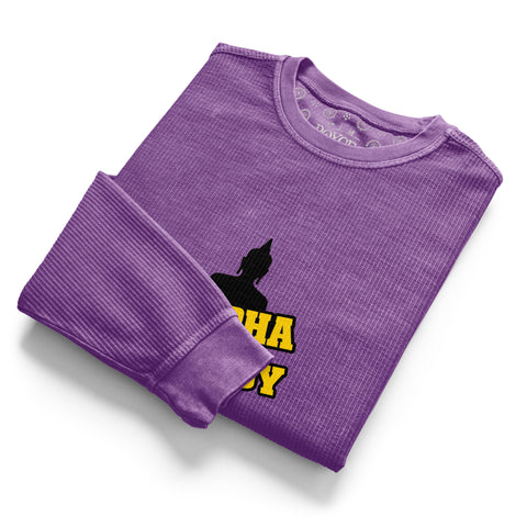 Folded purple Buddha Is My Homeboy cord sweatshirt with part of its single chest print visible.