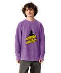 Model wearing the purple Buddha Is My Homeboy oversized cord sweatshirt, viewed from the printed front.