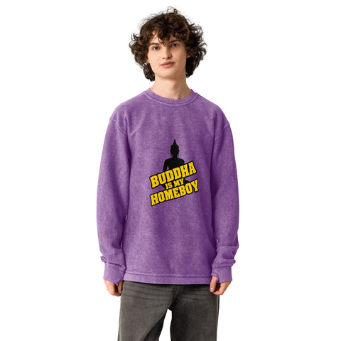 Model wearing the purple Buddha Is My Homeboy oversized cord sweatshirt, viewed from the printed front.