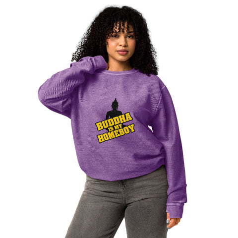 Second model wearing the purple Buddha Is My Homeboy oversized cord sweatshirt with its single front print visible.
