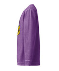 Side view of the purple Buddha Is My Homeboy cord sweatshirt with an unprinted sleeve and the edge of its single front print.