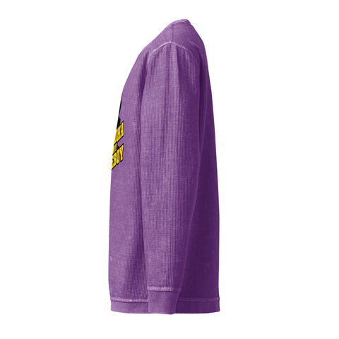 Side view of the purple Buddha Is My Homeboy cord sweatshirt with an unprinted sleeve and the edge of its single front print.