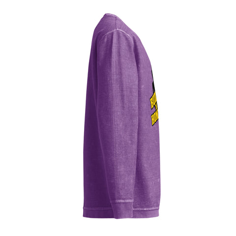 Opposite side view of the purple Buddha Is My Homeboy cord sweatshirt, showing its unprinted sleeve and textured fabric.