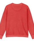 Flat-lay view of the unprinted back of the red Buddha Is My Homeboy cord sweatshirt.