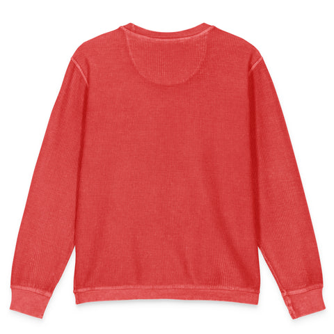 Flat-lay view of the unprinted back of the red Buddha Is My Homeboy cord sweatshirt.