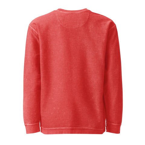 Unprinted back of the red Buddha Is My Homeboy oversized cord sweatshirt, showing its textured cotton fabric.