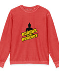 Flat-lay front view of the red Buddha Is My Homeboy cord sweatshirt with one chest print.