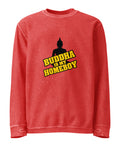 Front of the red Buddha Is My Homeboy oversized cord sweatshirt with one black Buddha and yellow lettering print.