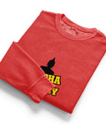 Folded red Buddha Is My Homeboy cord sweatshirt with part of its single chest print visible.