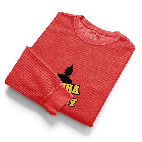 Folded red Buddha Is My Homeboy cord sweatshirt with part of its single chest print visible.