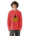 Model wearing the red Buddha Is My Homeboy oversized cord sweatshirt, viewed from the printed front.