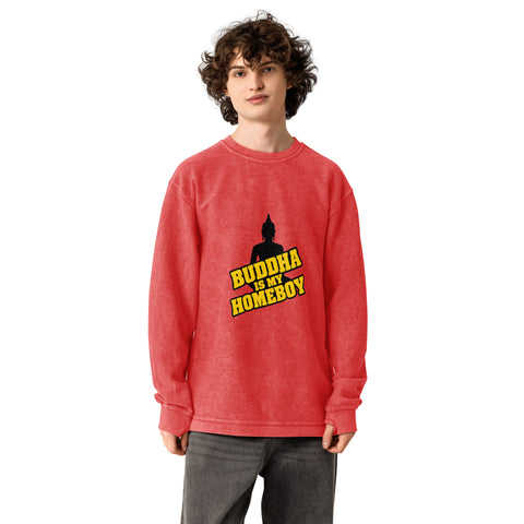 Model wearing the red Buddha Is My Homeboy oversized cord sweatshirt, viewed from the printed front.