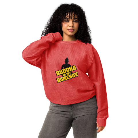 Second model wearing the red Buddha Is My Homeboy oversized cord sweatshirt with its single front print visible.