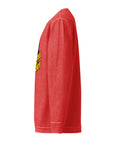 Side view of the red Buddha Is My Homeboy cord sweatshirt with an unprinted sleeve and the edge of its single front print.