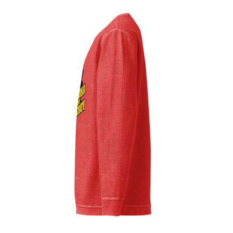Side view of the red Buddha Is My Homeboy cord sweatshirt with an unprinted sleeve and the edge of its single front print.