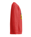 Opposite side view of the red Buddha Is My Homeboy cord sweatshirt, showing its unprinted sleeve and textured fabric.