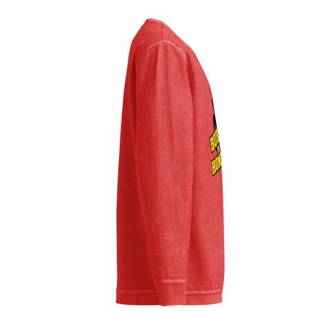 Opposite side view of the red Buddha Is My Homeboy cord sweatshirt, showing its unprinted sleeve and textured fabric.