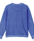 Flat-lay view of the unprinted back of the royal blue Buddha Is My Homeboy cord sweatshirt.