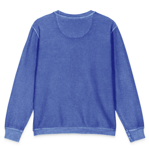 Flat-lay view of the unprinted back of the royal blue Buddha Is My Homeboy cord sweatshirt.