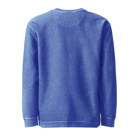 Unprinted back of the royal blue Buddha Is My Homeboy oversized cord sweatshirt, showing its textured cotton fabric.