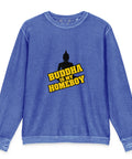 Flat-lay front view of the royal blue Buddha Is My Homeboy cord sweatshirt with one chest print.