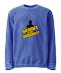 Front of the royal blue Buddha Is My Homeboy oversized cord sweatshirt with one black Buddha and yellow lettering print.