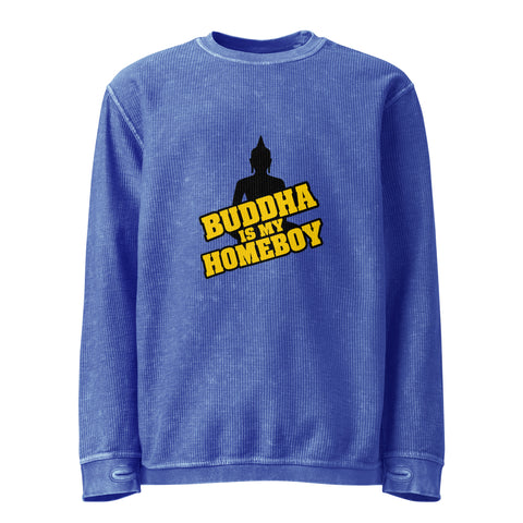 Front of the royal blue Buddha Is My Homeboy oversized cord sweatshirt with one black Buddha and yellow lettering print.