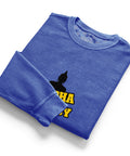 Folded royal blue Buddha Is My Homeboy cord sweatshirt with part of its single chest print visible.