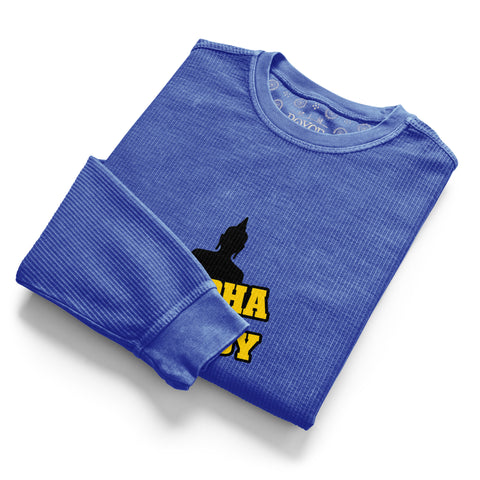 Folded royal blue Buddha Is My Homeboy cord sweatshirt with part of its single chest print visible.