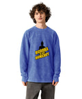 Model wearing the royal blue Buddha Is My Homeboy oversized cord sweatshirt, viewed from the printed front.