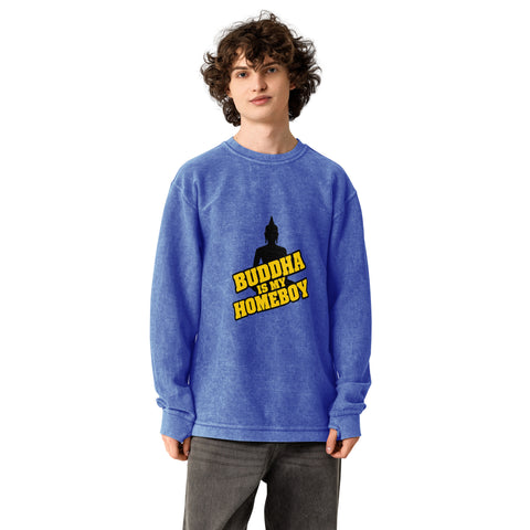 Model wearing the royal blue Buddha Is My Homeboy oversized cord sweatshirt, viewed from the printed front.