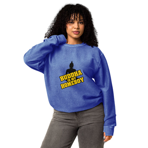 Second model wearing the royal blue Buddha Is My Homeboy oversized cord sweatshirt with its single front print visible.