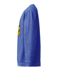 Side view of the royal blue Buddha Is My Homeboy cord sweatshirt with an unprinted sleeve and the edge of its single front print.