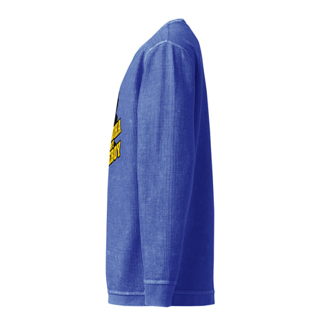 Side view of the royal blue Buddha Is My Homeboy cord sweatshirt with an unprinted sleeve and the edge of its single front print.