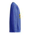 Opposite side view of the royal blue Buddha Is My Homeboy cord sweatshirt, showing its unprinted sleeve and textured fabric.