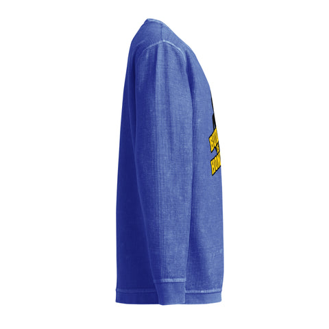 Opposite side view of the royal blue Buddha Is My Homeboy cord sweatshirt, showing its unprinted sleeve and textured fabric.