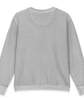 Flat-lay view of the unprinted back of the silver Buddha Is My Homeboy cord sweatshirt.