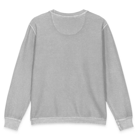 Flat-lay view of the unprinted back of the silver Buddha Is My Homeboy cord sweatshirt.