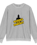 Flat-lay front view of the silver Buddha Is My Homeboy cord sweatshirt with one chest print.
