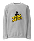 Front of the silver Buddha Is My Homeboy oversized cord sweatshirt with one black Buddha and yellow lettering print.