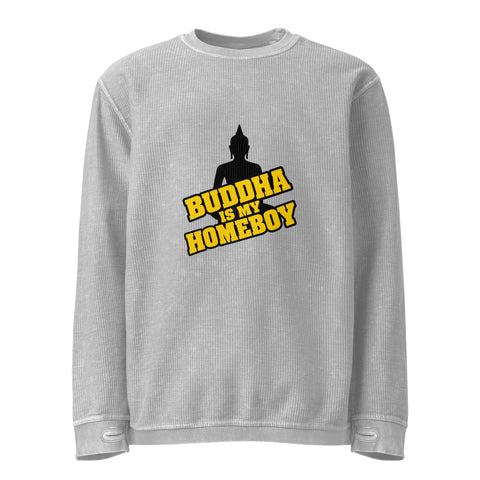 Front of the silver Buddha Is My Homeboy oversized cord sweatshirt with one black Buddha and yellow lettering print.