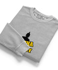 Folded silver Buddha Is My Homeboy cord sweatshirt with part of its single chest print visible.