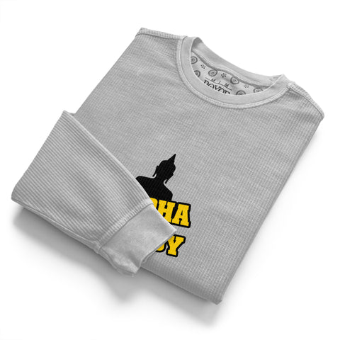 Folded silver Buddha Is My Homeboy cord sweatshirt with part of its single chest print visible.