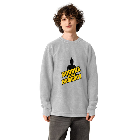 Model wearing the silver Buddha Is My Homeboy oversized cord sweatshirt, viewed from the printed front.