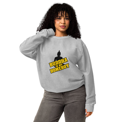 Second model wearing the silver Buddha Is My Homeboy oversized cord sweatshirt with its single front print visible.
