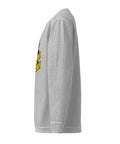 Side view of the silver Buddha Is My Homeboy cord sweatshirt with an unprinted sleeve and the edge of its single front print.