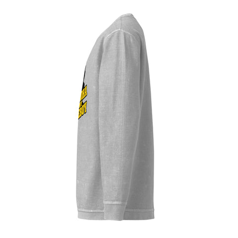 Side view of the silver Buddha Is My Homeboy cord sweatshirt with an unprinted sleeve and the edge of its single front print.
