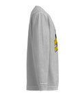 Opposite side view of the silver Buddha Is My Homeboy cord sweatshirt, showing its unprinted sleeve and textured fabric.