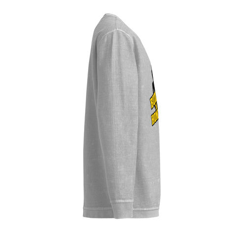 Opposite side view of the silver Buddha Is My Homeboy cord sweatshirt, showing its unprinted sleeve and textured fabric.